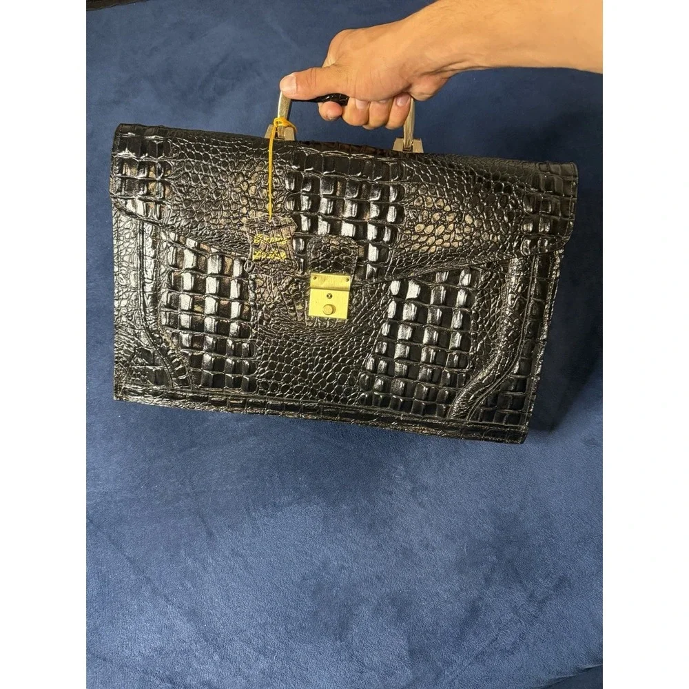 Vtg 1970s Swiss AMIET Leather Briefcase Alligator Embossed Black Genuine Leather